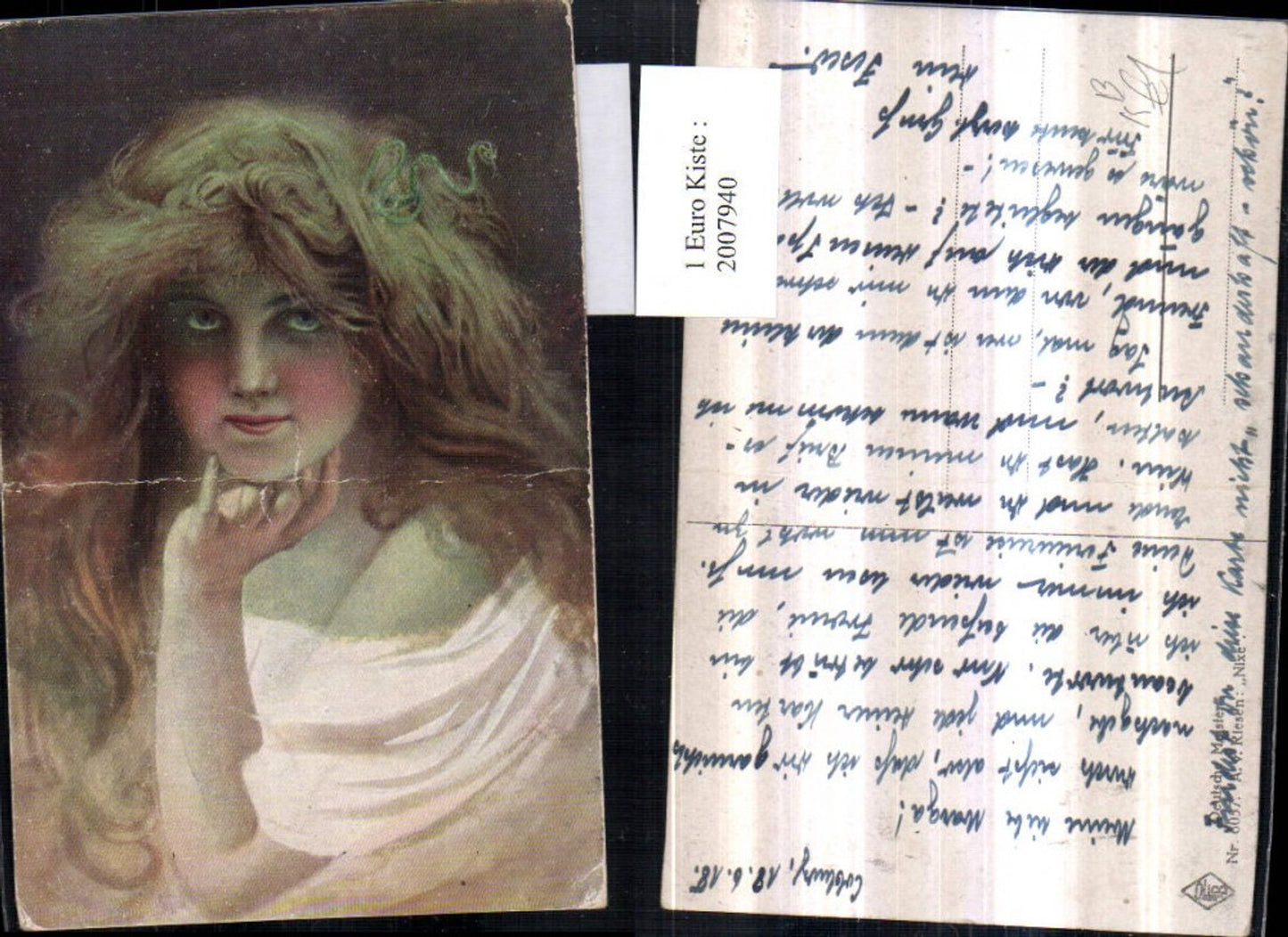 2007940,Künstler AK A. v. Riesen Nixe Frau Mädchen m. Langem Haar Schlange