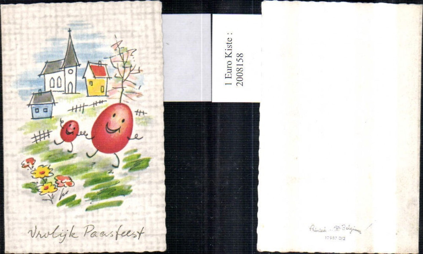 2008158,Mini Künstlerkarte Ostern Eiergesichter Eier Kirche Blumen