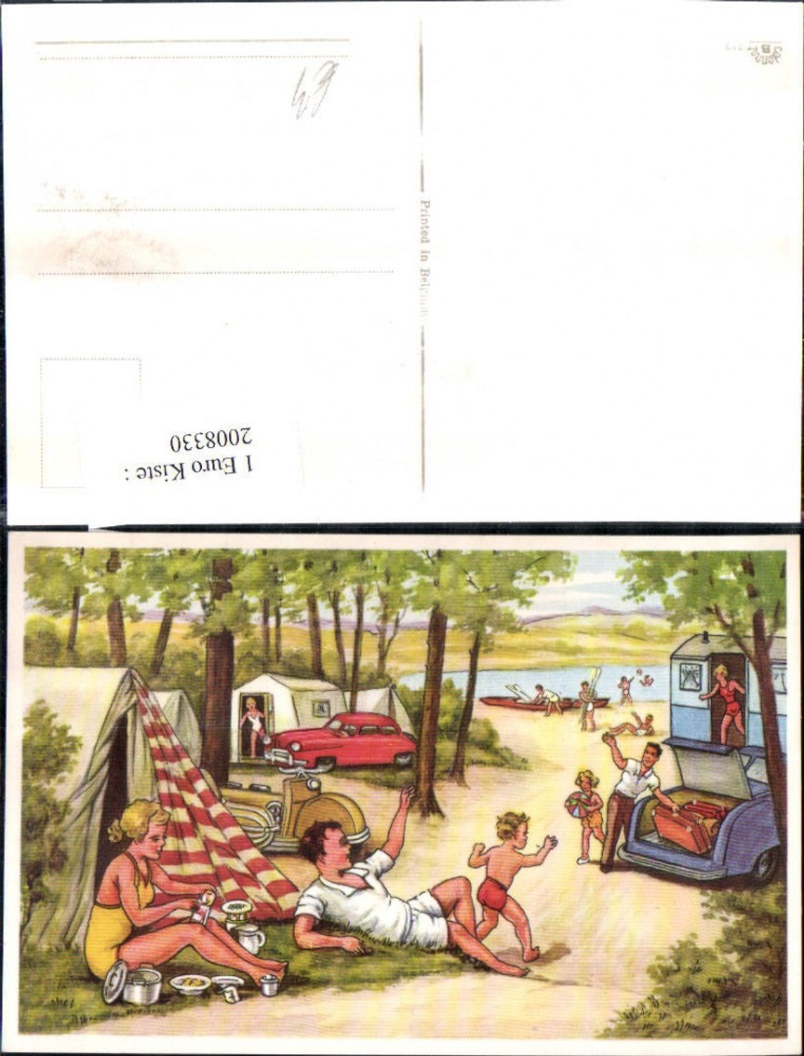 2008330,Künstler AK Campingplatz Camping Zelte Kinder Dosen Topf Ruderboote