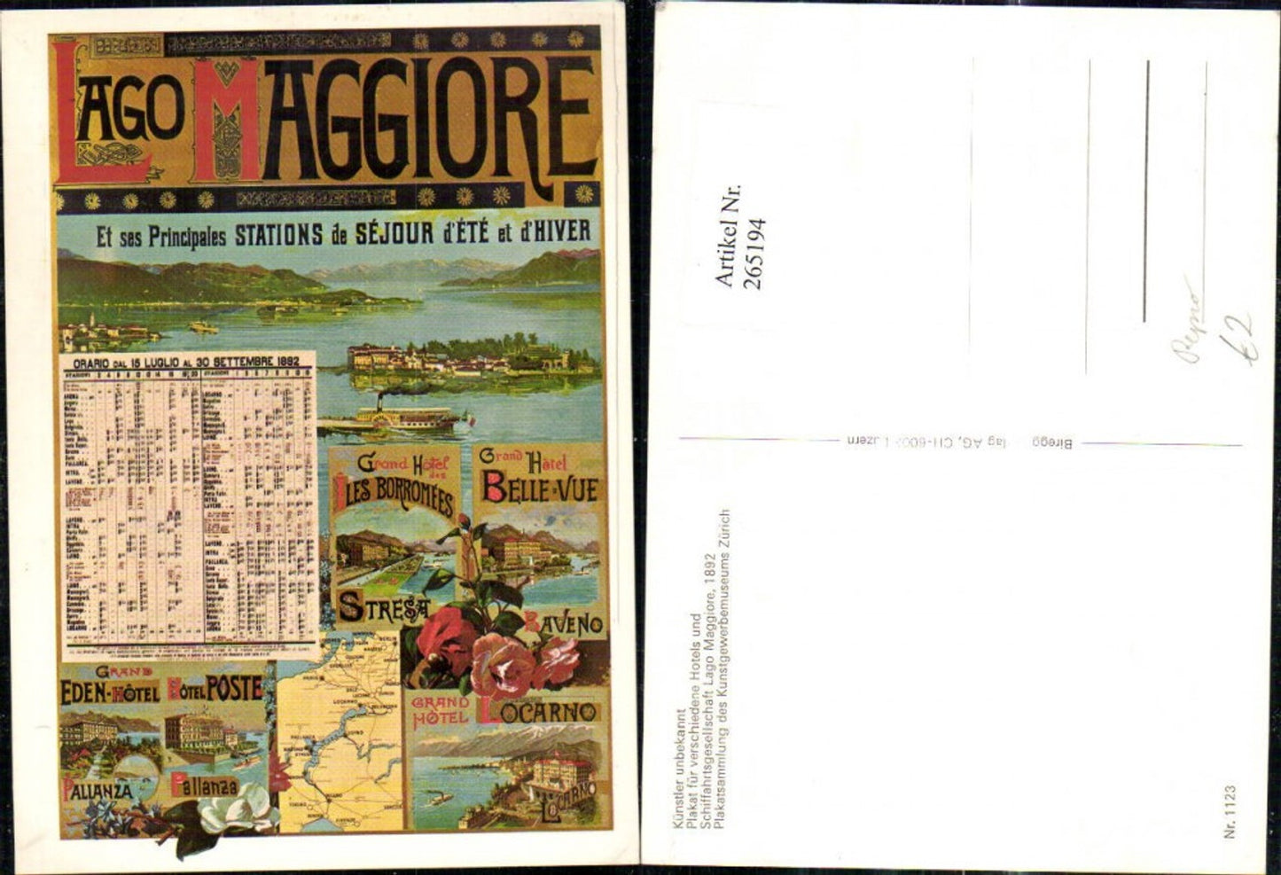 265194,Repro Reklame Plakat f. verschiedene Hotels u. Schifffahrtsgesellschaft Lago Maggiore 1892