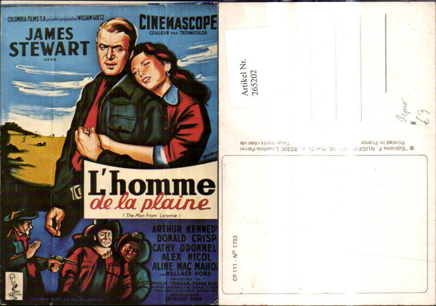 265202,Repro Reklame L Homme de la plaine James Stewart CP 111 No 1733 Kinoplakat