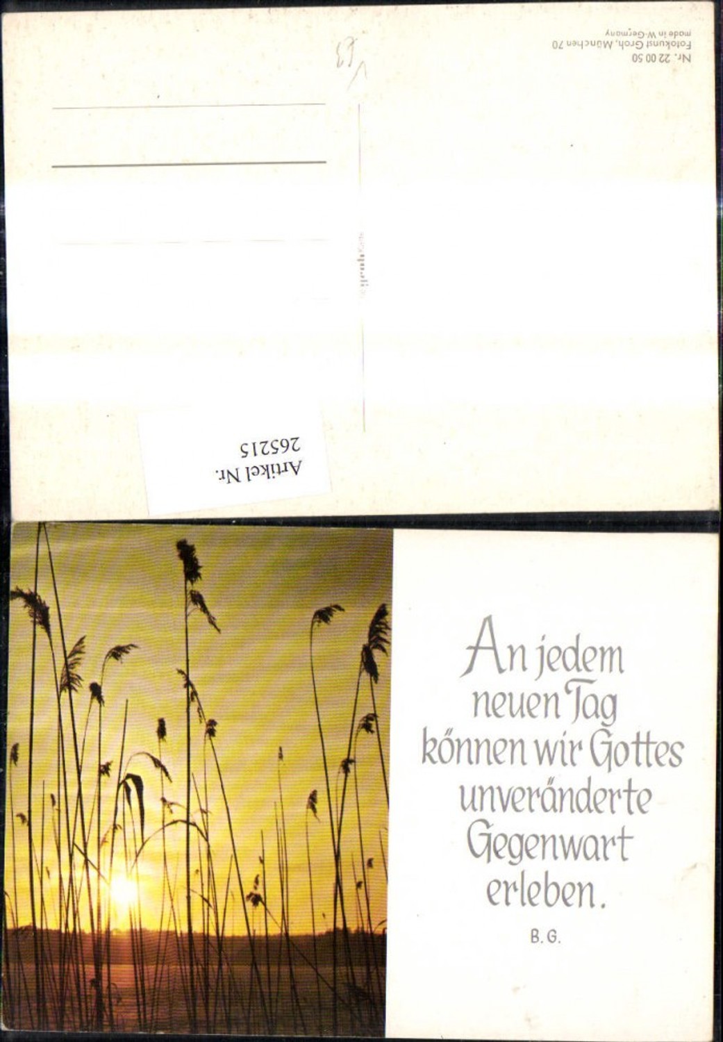 265215,Fotokunst Groh 220050 Schilf Ufer See b. Sonnenuntergang Spruch