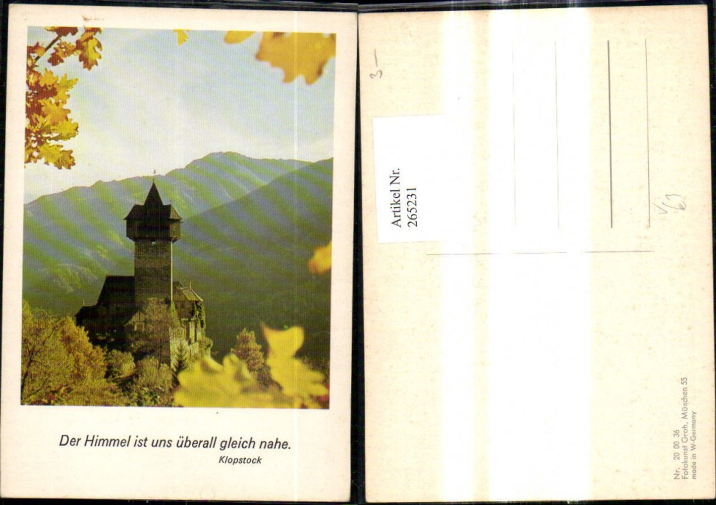 265231,Fotokunst Groh 200036 Burg Unterfalkenstein Burg Blätter i. Vordergrund Spruch Klopstock