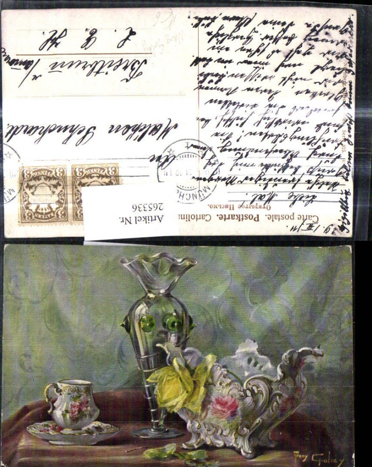 265336,Theo Stroefer 825/6 Mary Golay Stillleben Kaffeetasse Vase Schale m. Gelben Rosen