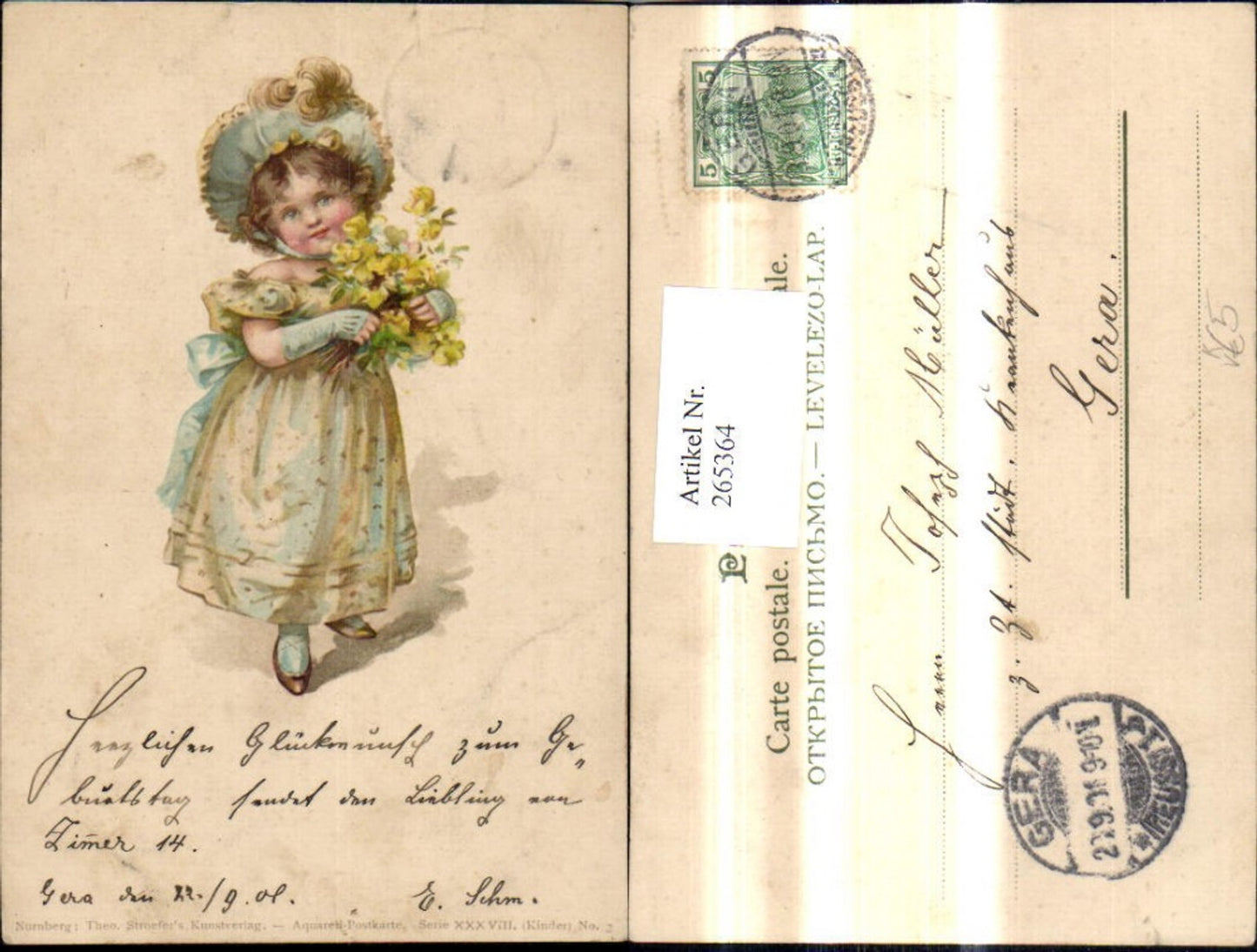 265364,Theo Stroefer XXXVIII/2 Kinder Mädchen Kleid Hut Blumenstrauß