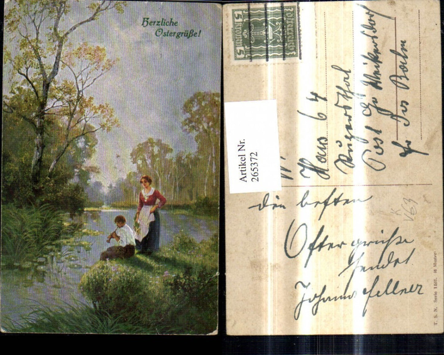 265372,Theo Stroefer 1567/6 Künstler Ak Mann spielt Tröte Ufer Fluss Frau Landschaft