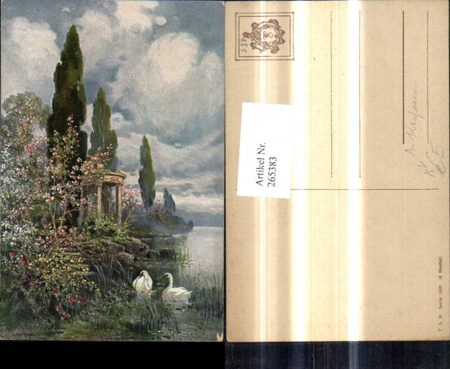 265383,Theo Stroefer 1593/6 Künstler Ak A. Kaufmann Tempel Schwäne Landschaft