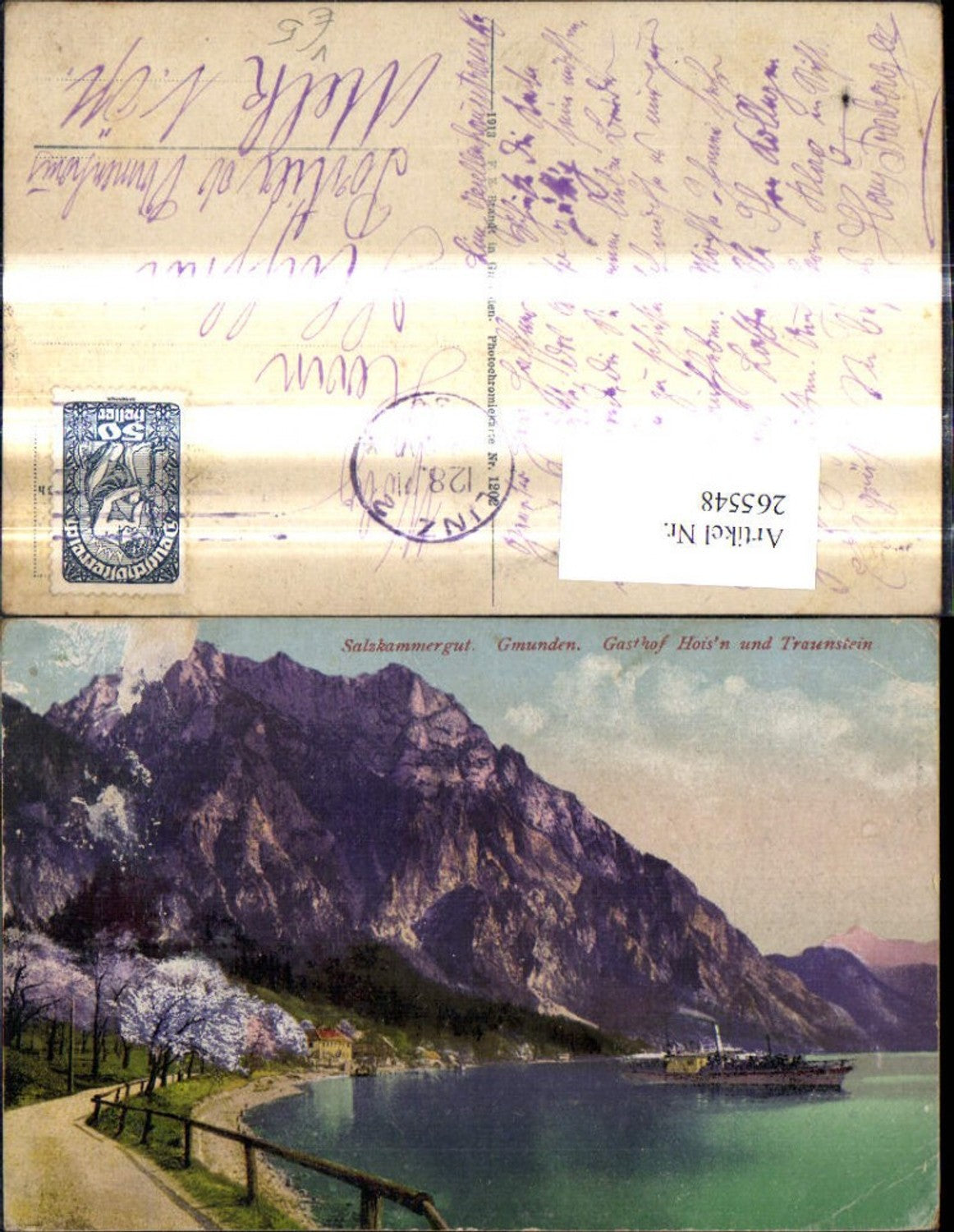265548,Gmunden Gasthof Hoisn u. Traunstein Salzkammergut Schiff Dampfer pub F. E. Brandt 1202