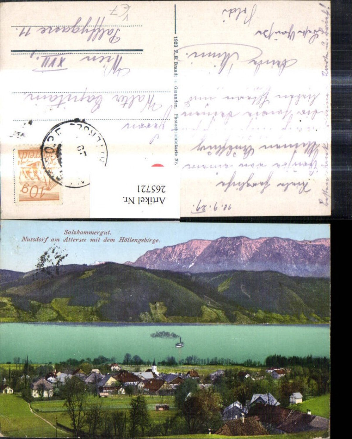 265721,Nussdorf a. Attersee m. d. Höllengebirge Salzkammergut pub F. E. Brandt 1264