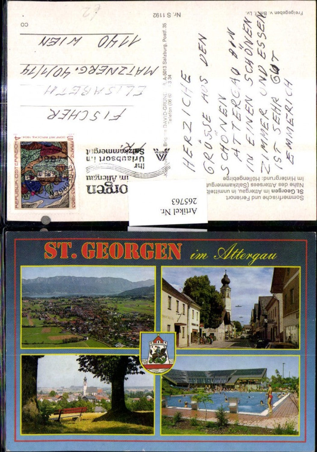 265763,Mehrbild Ak St Georgen i. Attergau Totale Schwimmbad Kirche Strassenansicht