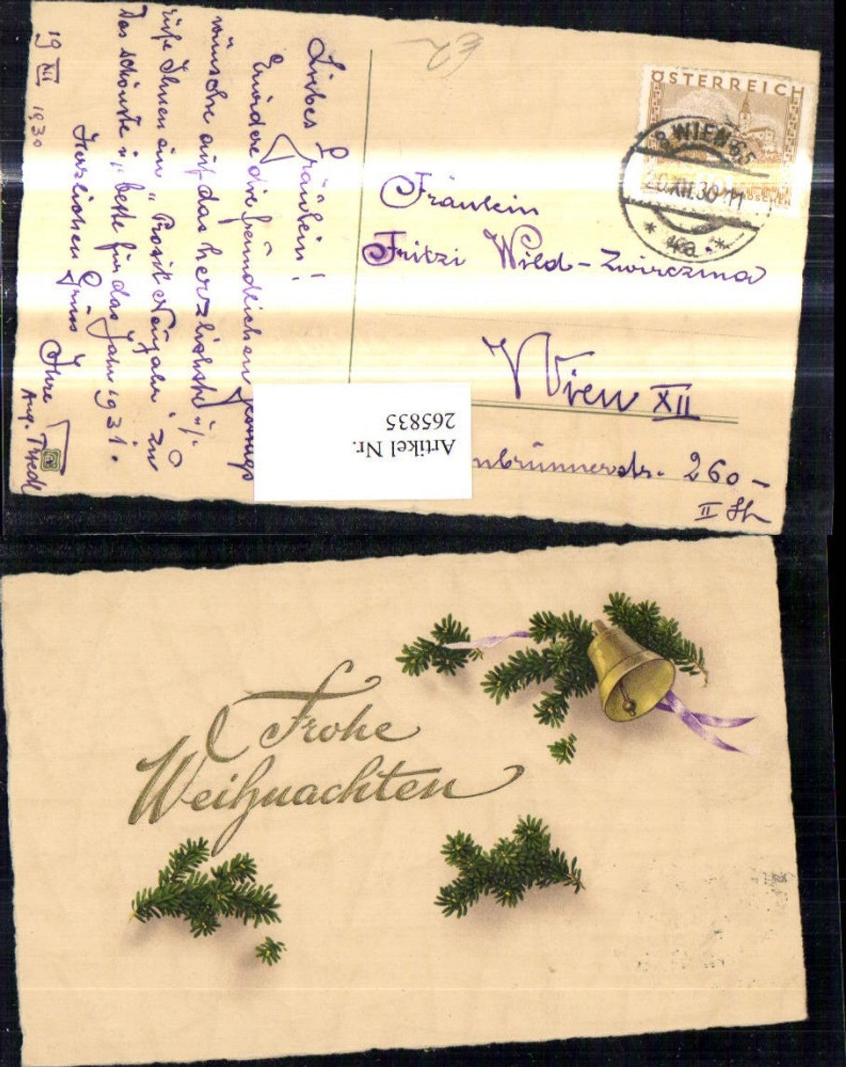265835, Artist Ak Christmas Fir branches Bell Ribbon Gold lettering