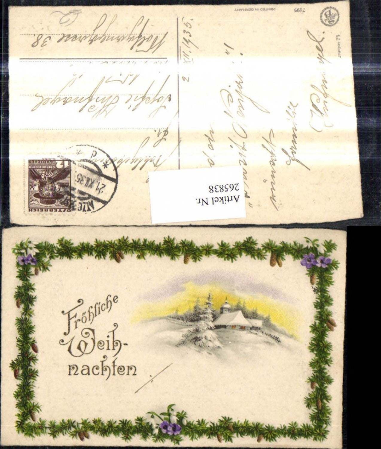 265838,Künstler Ak Weihnachten Kirche Winterlandschaft Tannengirlande Blumen Schneeglöckchen