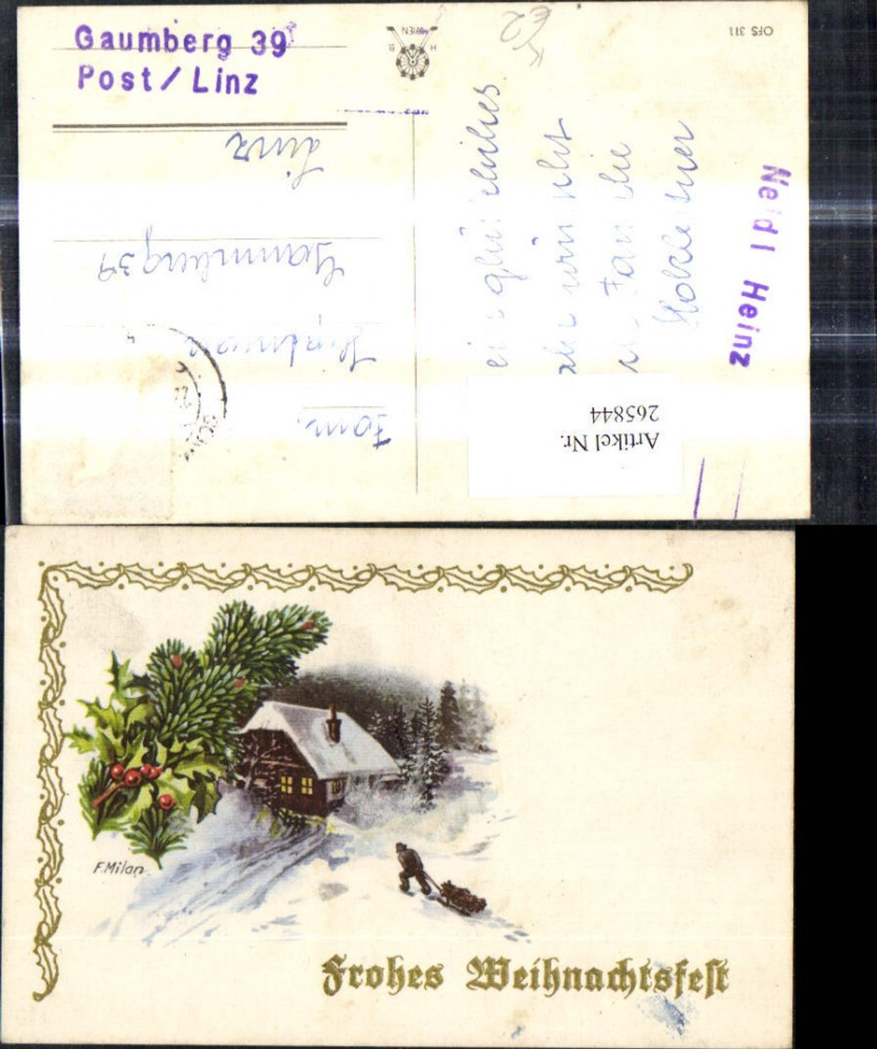 265844, Artist Ak F. Milan Christmas Man with Sleigh House Winter Landscape Fir Branch Holly