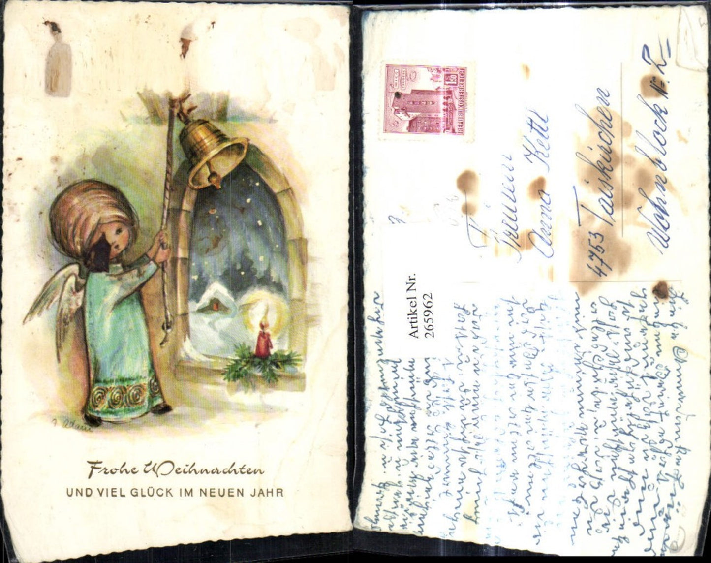 265962, Artist Ak A. Adam Christmas Angel ringing bell window candle