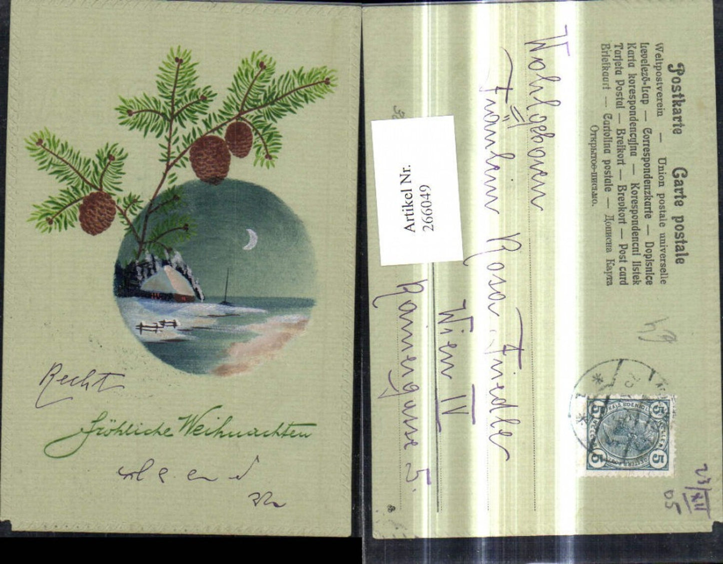 266049, Artist Ak Christmas House Brook Lake Winter Landscape Passepartout Fir Branch Cone