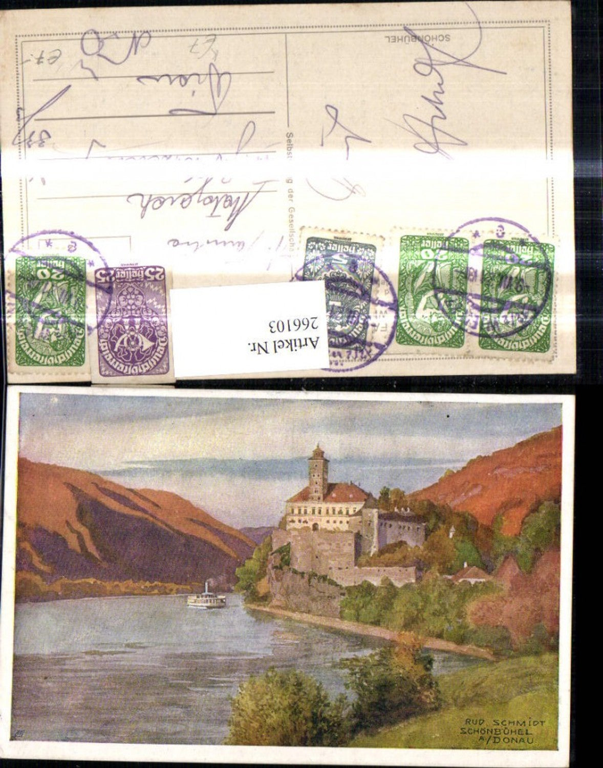 266103, Artist Ak Rud. Schmidt Schönbühel Castle on the Danube Ship Steamer