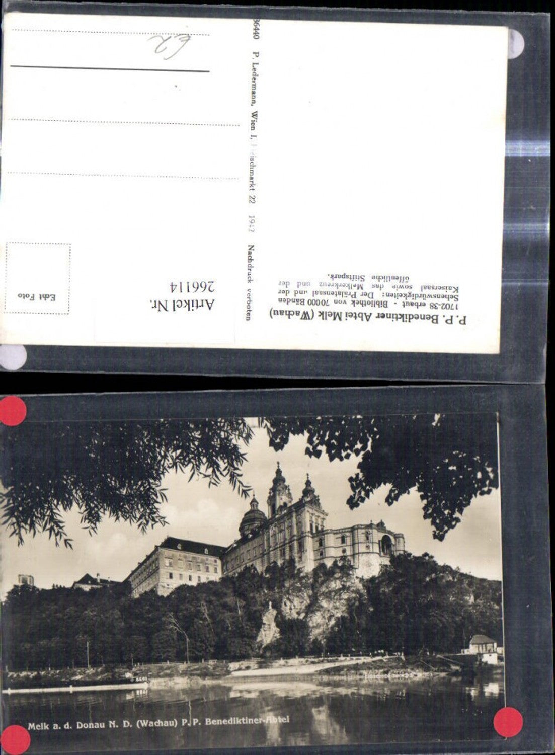 266114, Photo Ak Melk Abbey on the Danube View of water, tree, leaves in the foreground