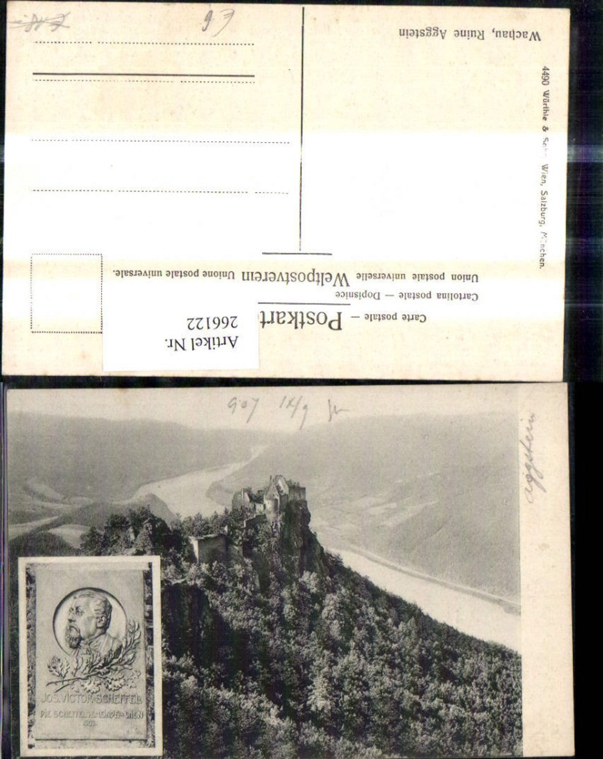 266122, Multi-image Ak Ruine Aggstein Jos. Victor v. Scheffel Panel Portrait Bust