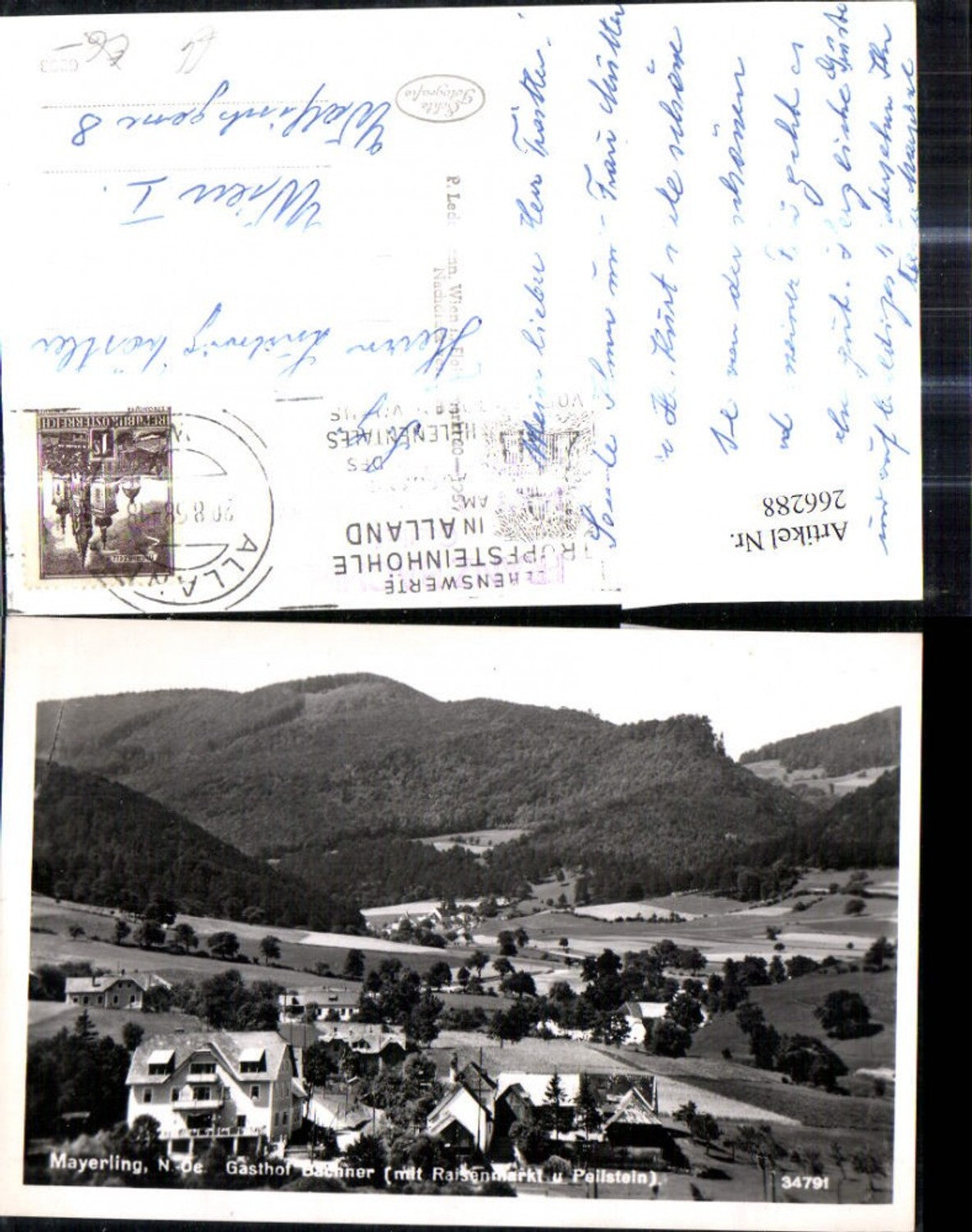 266288,Foto Ak Mayerling Gasthof Bachner m. Raisenmarkt u. Peilstein i. Hintergrund