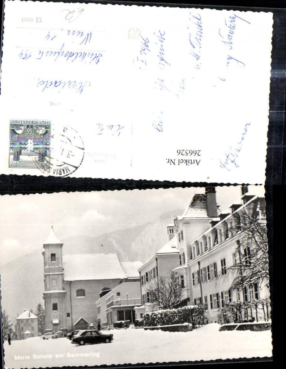 266526,Foto Ak Maria Schutz a. Semmering Winteransicht Auto Kirche