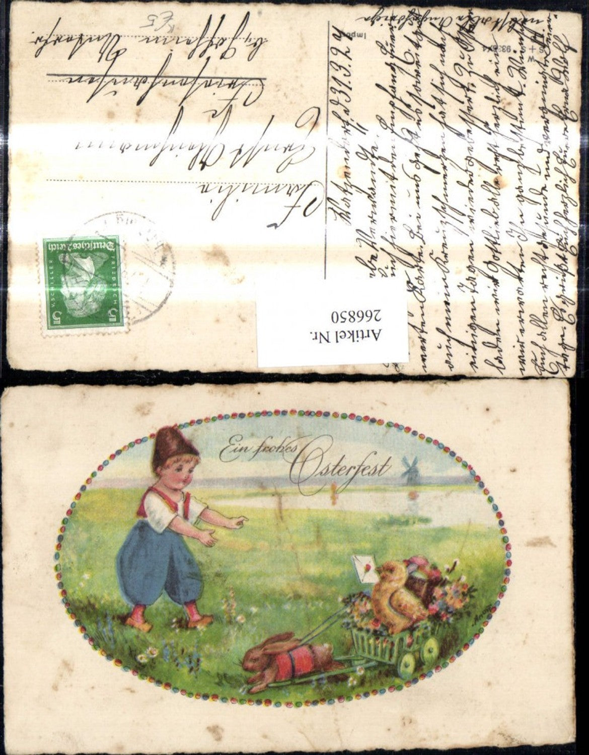 266850,Künstler Ak Kind Bub Hasenkutsche Vogel m. Brief Kuvert Ostern