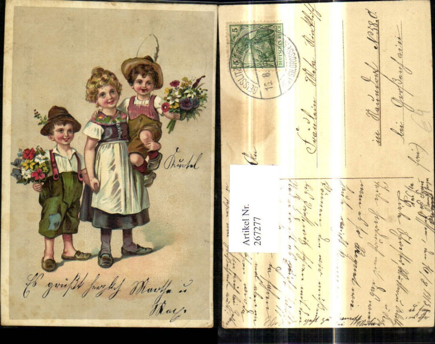 267277,Künstler Ak Kind Kinder i. Tracht Blumen Blumenstrauß