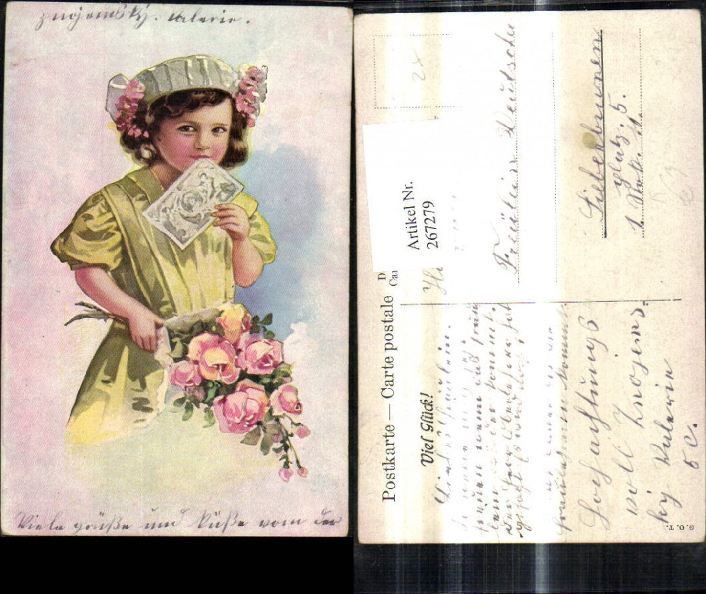 267279,Künstler Ak Kind Mädchen m. Hut Rosen Blumenstrauß Brief Kuvert i. Hand