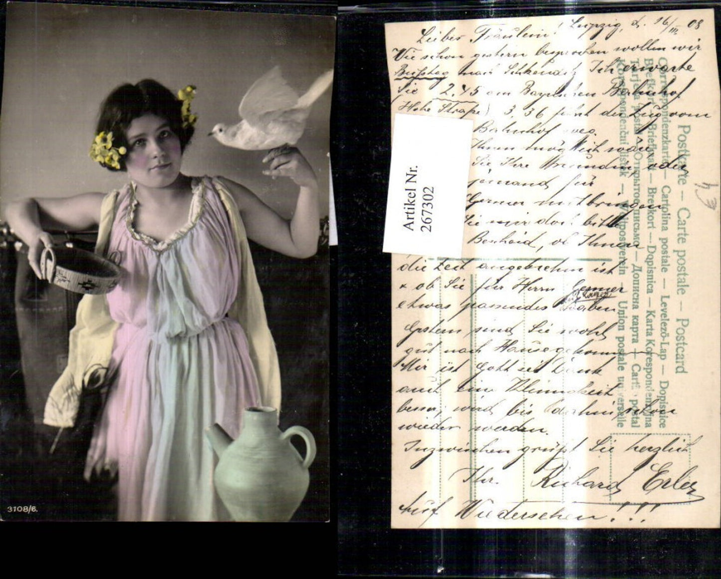 267302,Frau m. Blumen i. Haar Taube i. Hand Krug Korb