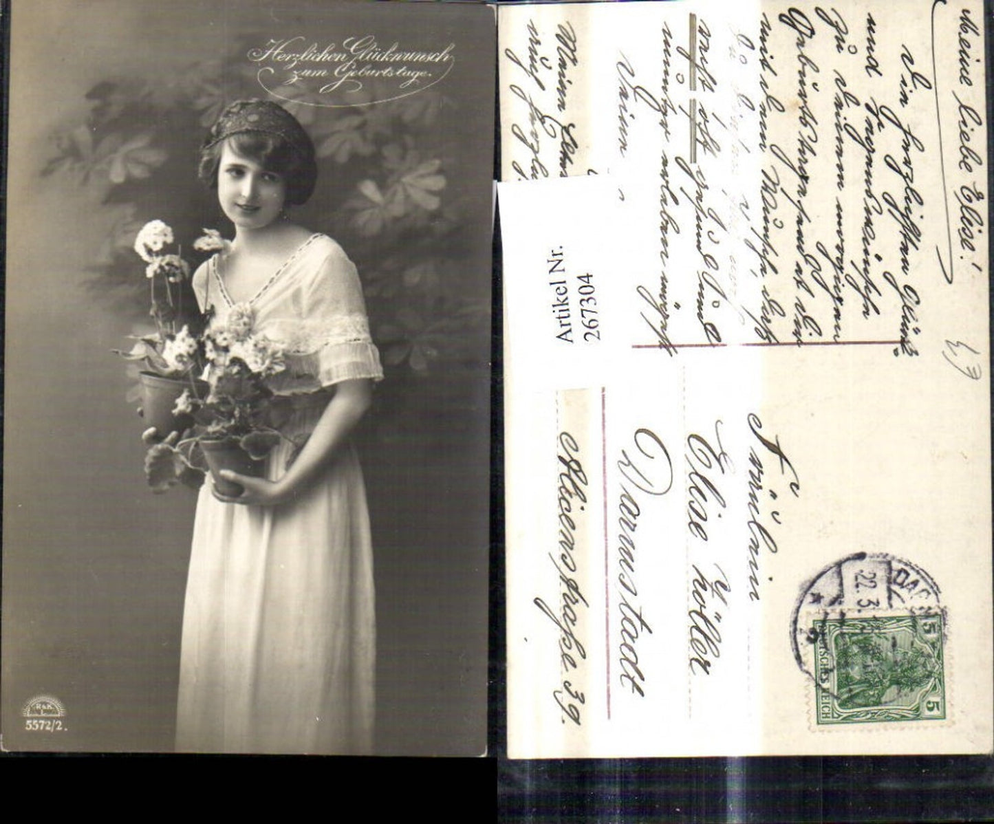 267304,Foto Ak Frau Kleid Haarband m. Blumentöpfe Blumen i. Hand