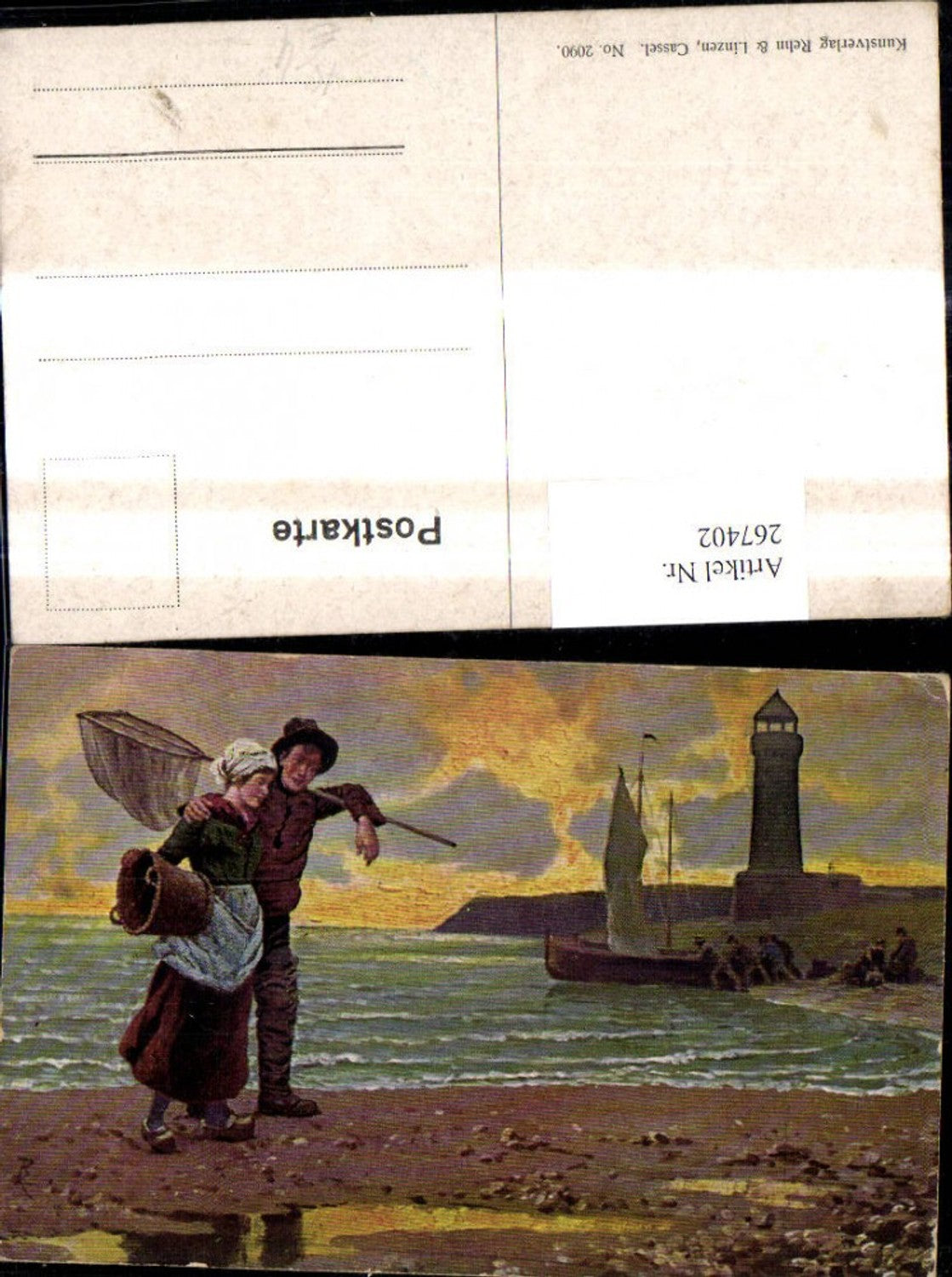 267402,Künstler Ak Leuchtturm Fischer m. Frau a. Strand