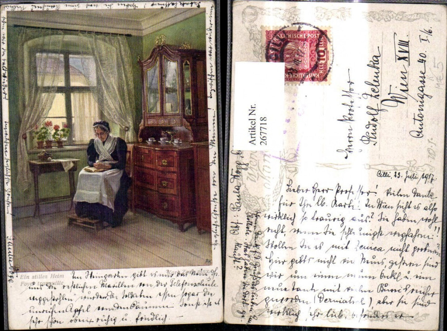 267718,Künstler Ak Karl Zewy Ein stilles Heim Frau liest Buch a. Fenster Lesen