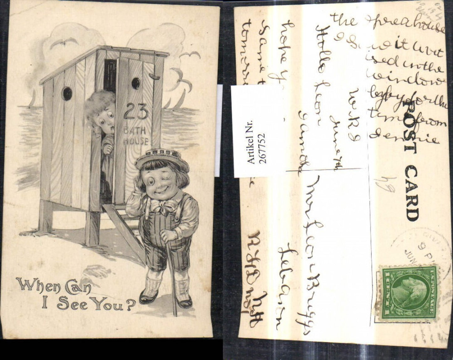 267752,Künstler Ak Mädchen i. Umkleide Bub davor Spruch When can i see you Scherz Humor