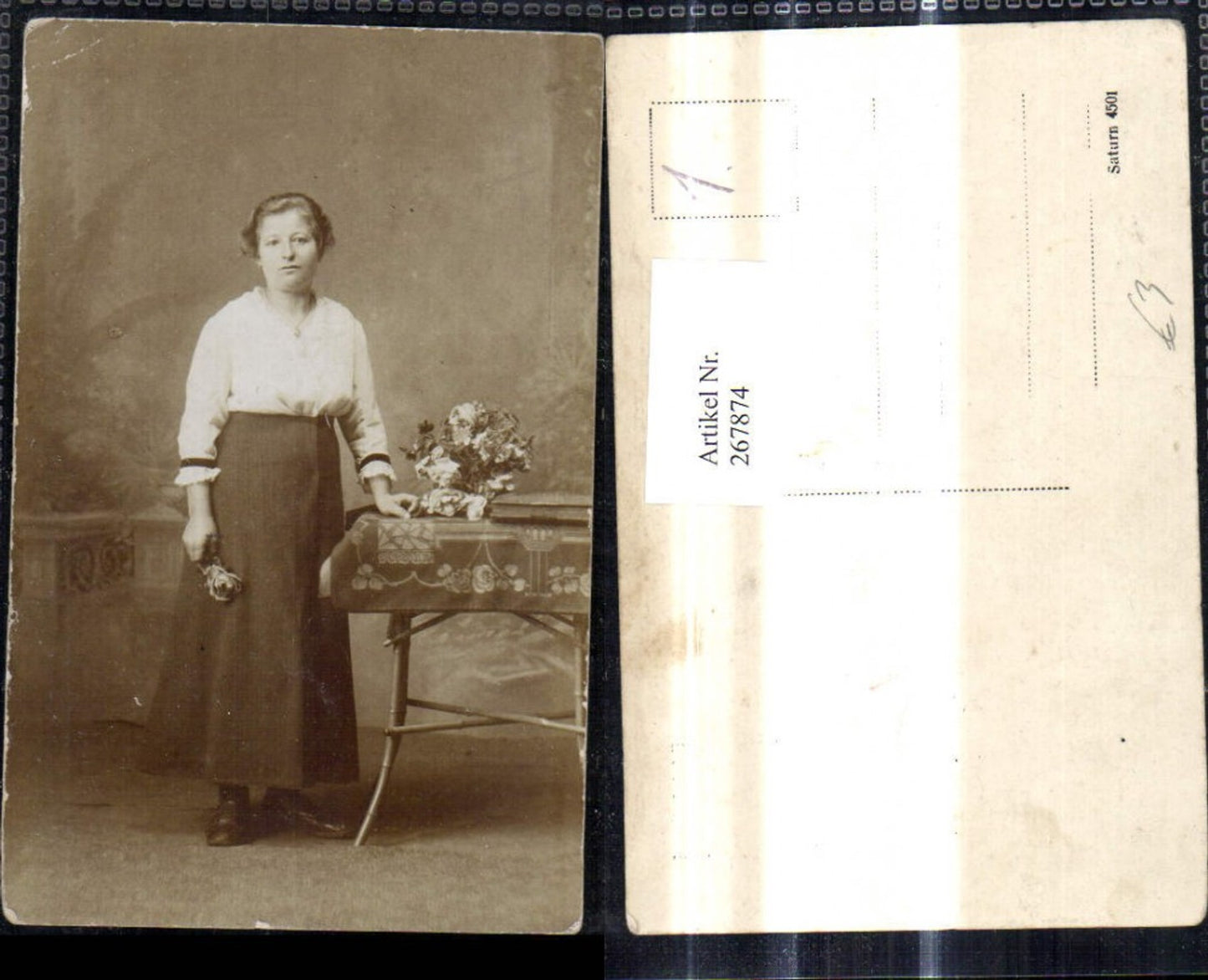 267874, Photo Ak Woman with rose flower in hand, skirt, blouse, necklace, portrait