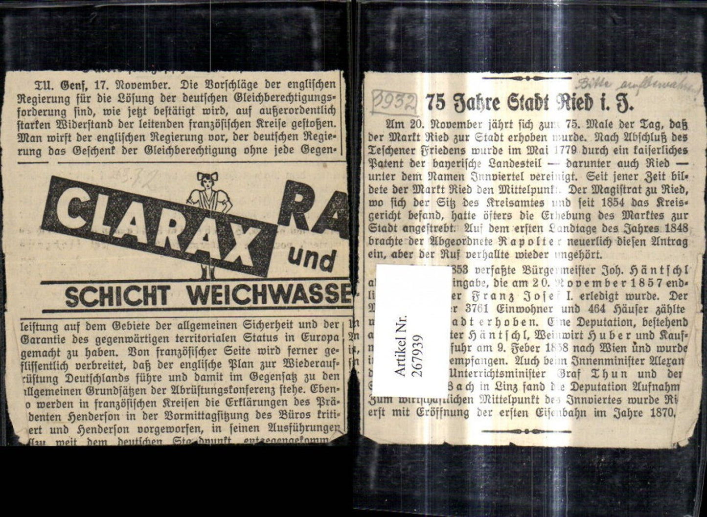 267939,Reklame Zeitungsausschnitt Clarax