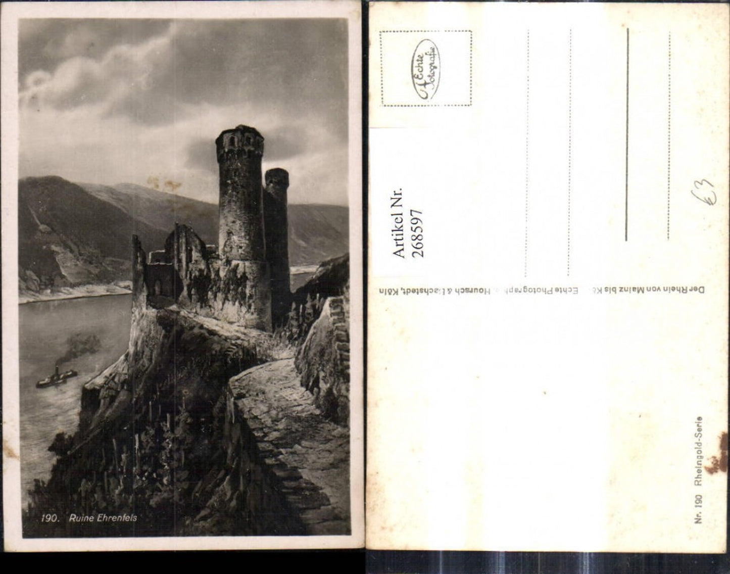268597,Foto Ak Ruine Ehrenfels b. Rüdesheim a. Rhein Schiff Dampfer