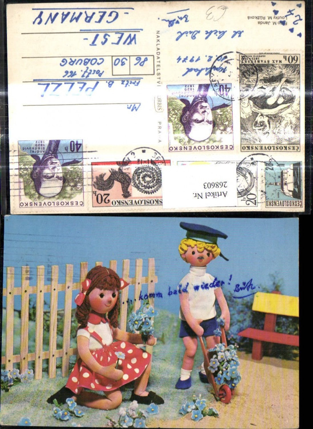 268603,Künstler Ak Spielzeug Puppen m. Leiterwagen Blumen Zaun