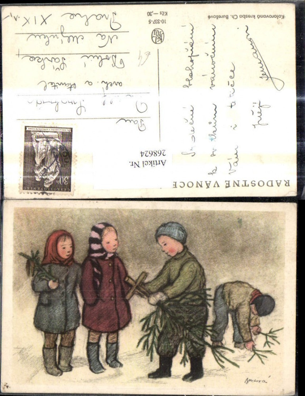 268624,Künstler Ak Ch. Buresove Kinder m. Tannenbaum i. Christbaumkreuz