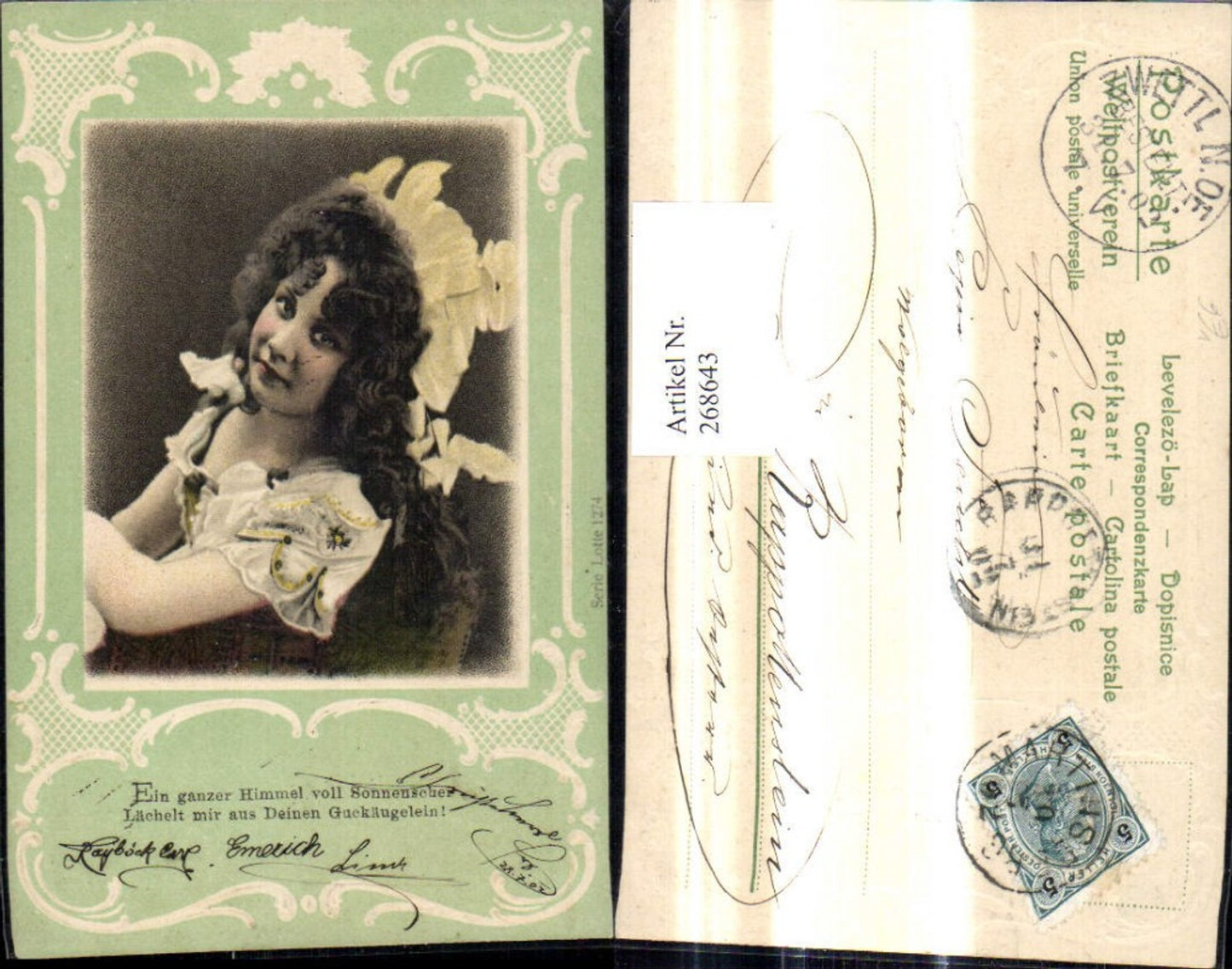 268643,Präge Ak Kinder Mädchen Lockenkopf Hut Haube Spruch Ornament pub Serie Lotte 1274
