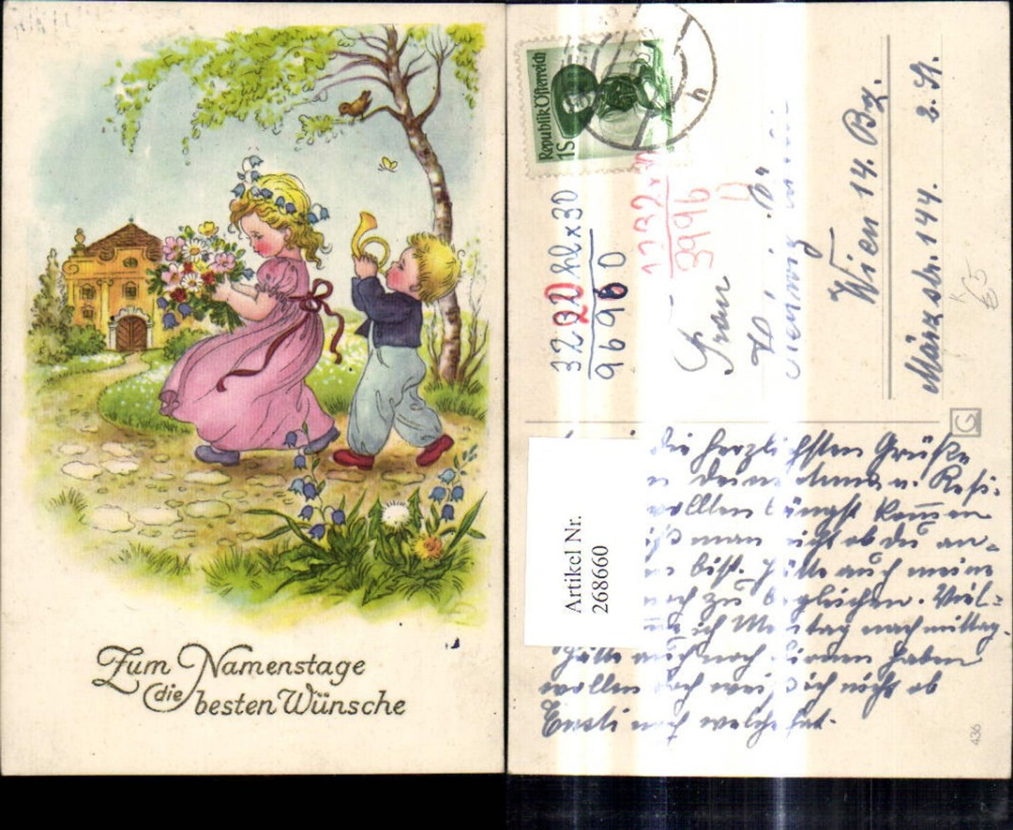268660,Künstler Ak Kinder m. Horn Blumenstrauß a. Weg Haus Vogel Schmetterling Namenstag