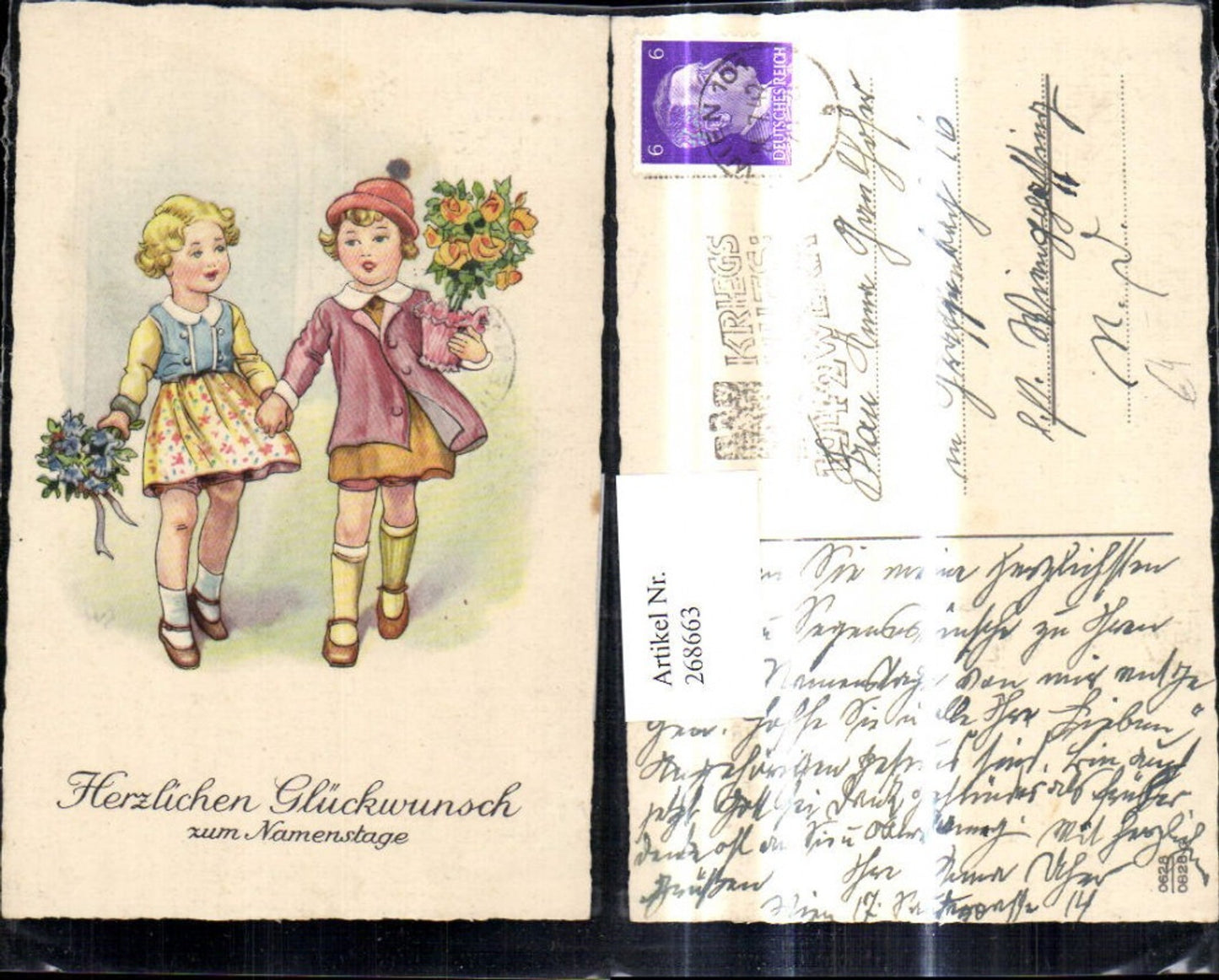 268663,Künstler Ak Kinder halten Händchen Blumentopf Blumenstrauß Blumen Namenstag