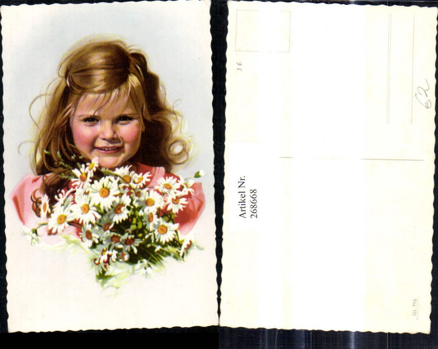268668,Künstler Ak Kinder Süsses Mädchen m. Blumenstrauß Blumen Margeriten