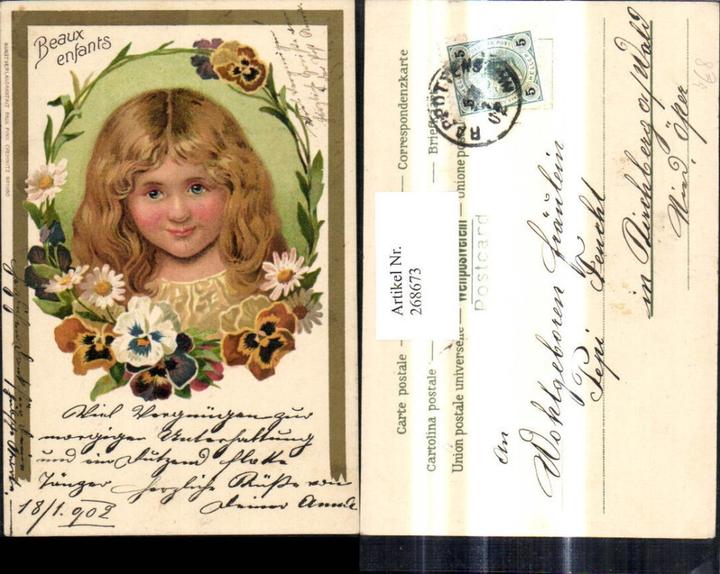 268673,Künstler Litho Kinder Blonde Mädchen m. Blumen Stiefmütterchen Beaux enfants pub Paul Fink 1380