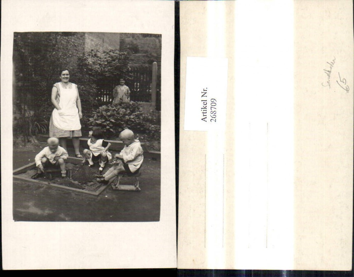 268709, Photo Ak Woman as mother Children playing Sandbox Wooden horse Toy