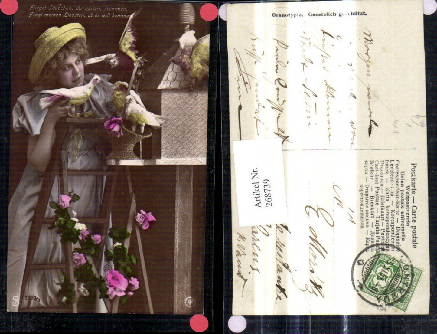 268739,Frau Hut Strohhut Korb Tauben Vogelhaus Spruch pub NPG Oranotypie 2020/3
