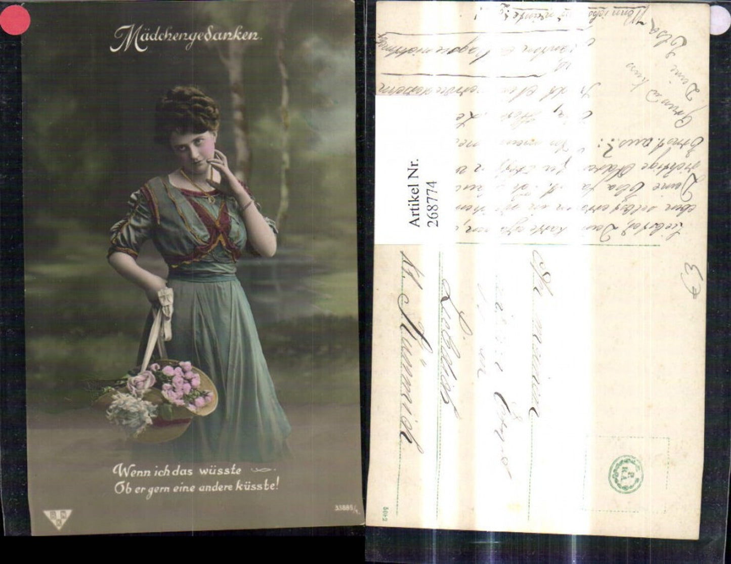 268774,Frau m. Strohhut a. Korb Blumen Rosen Spruch