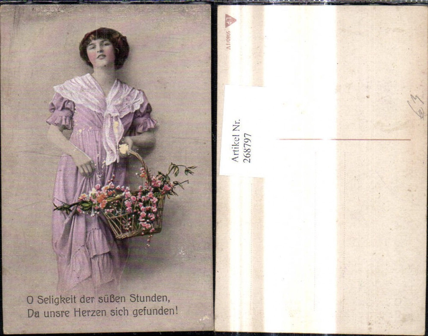 268797,Frau Kleid Korb m. Blumen Spruch