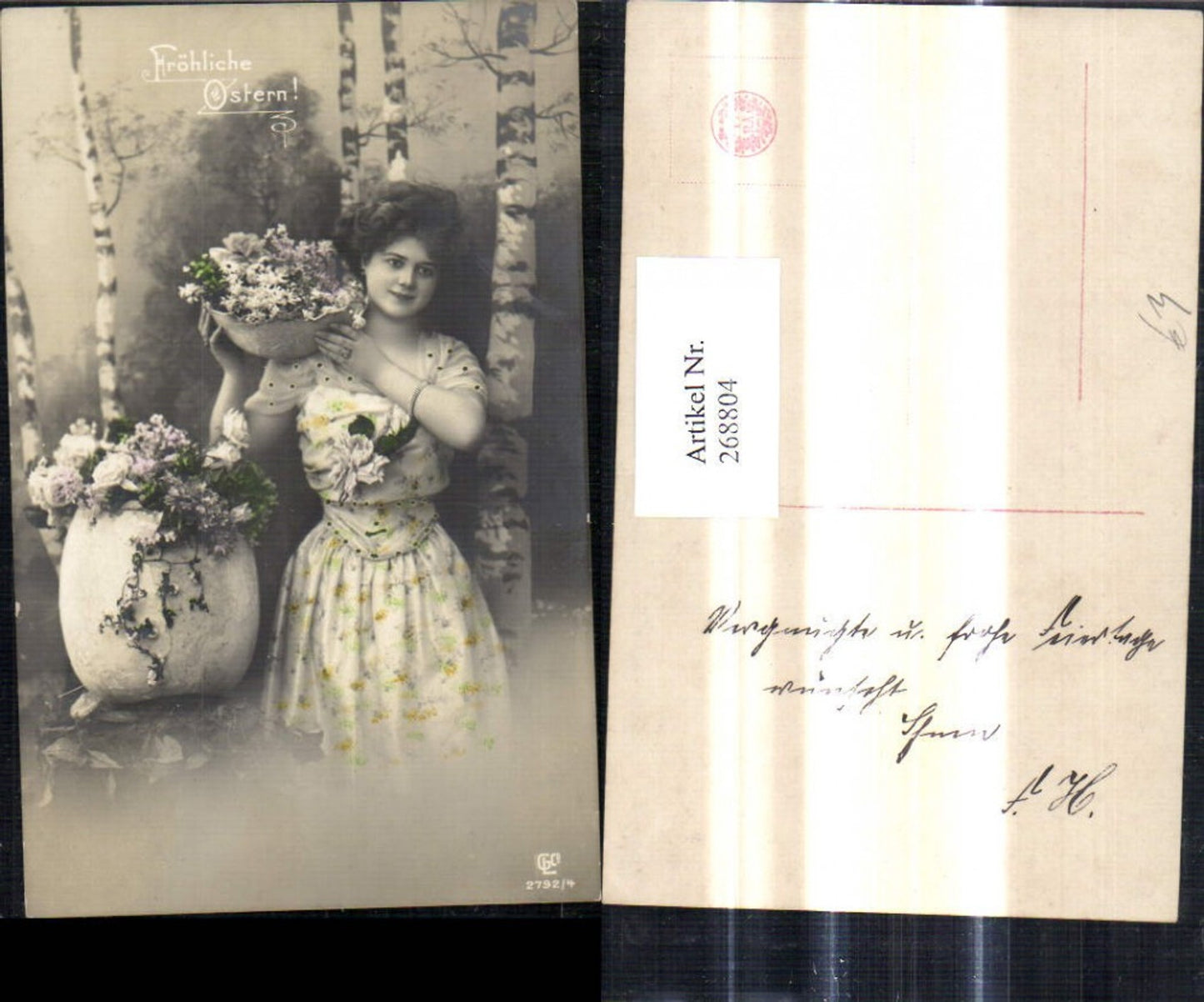 268804,Foto Ak Frau m. Osterei Blumenschale Blumen Ostern Birken Bäume i. Hintergrund
