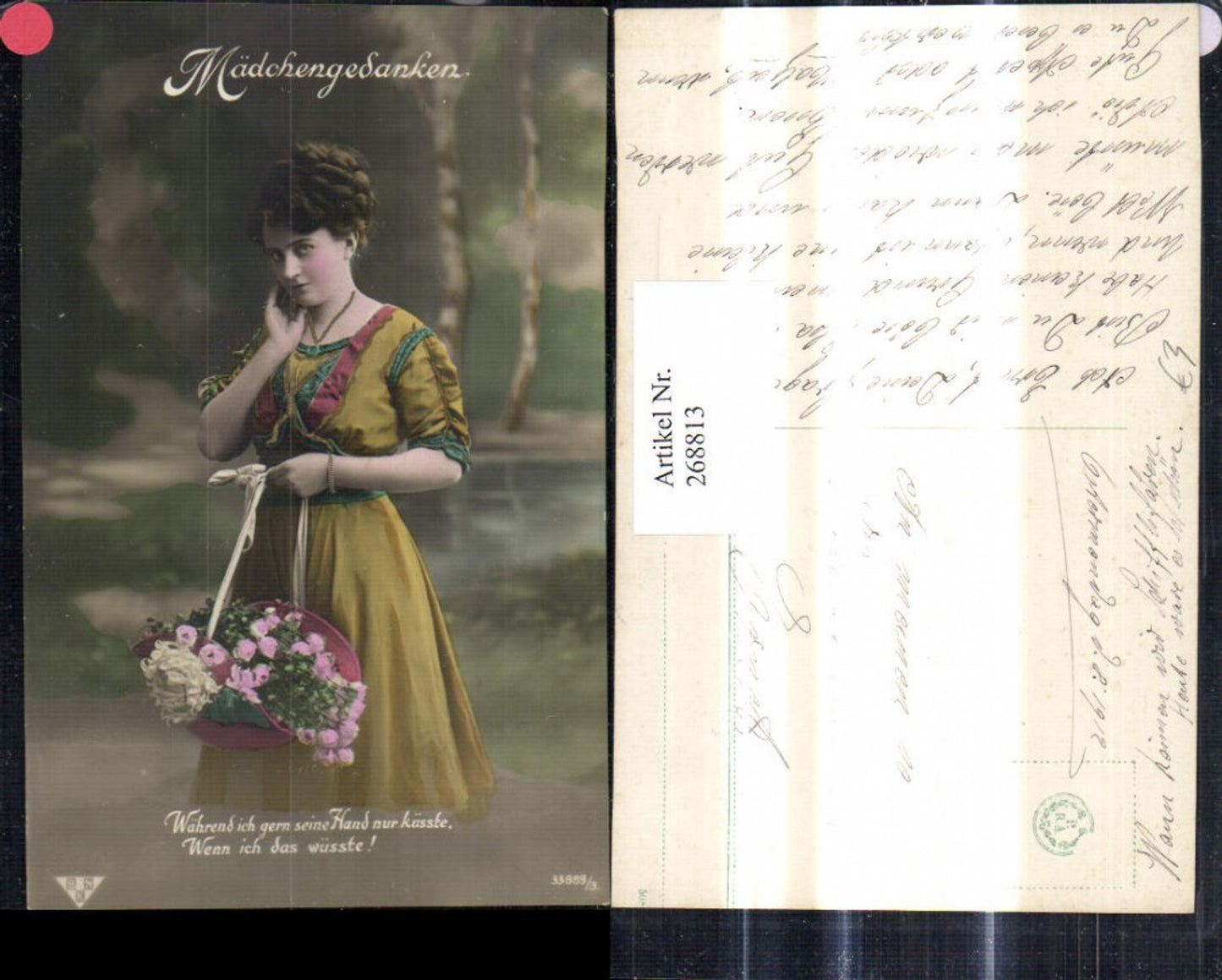 268813,Foto Ak Frau Kleid Strohhut Hut a. Korb Blumen Spruch