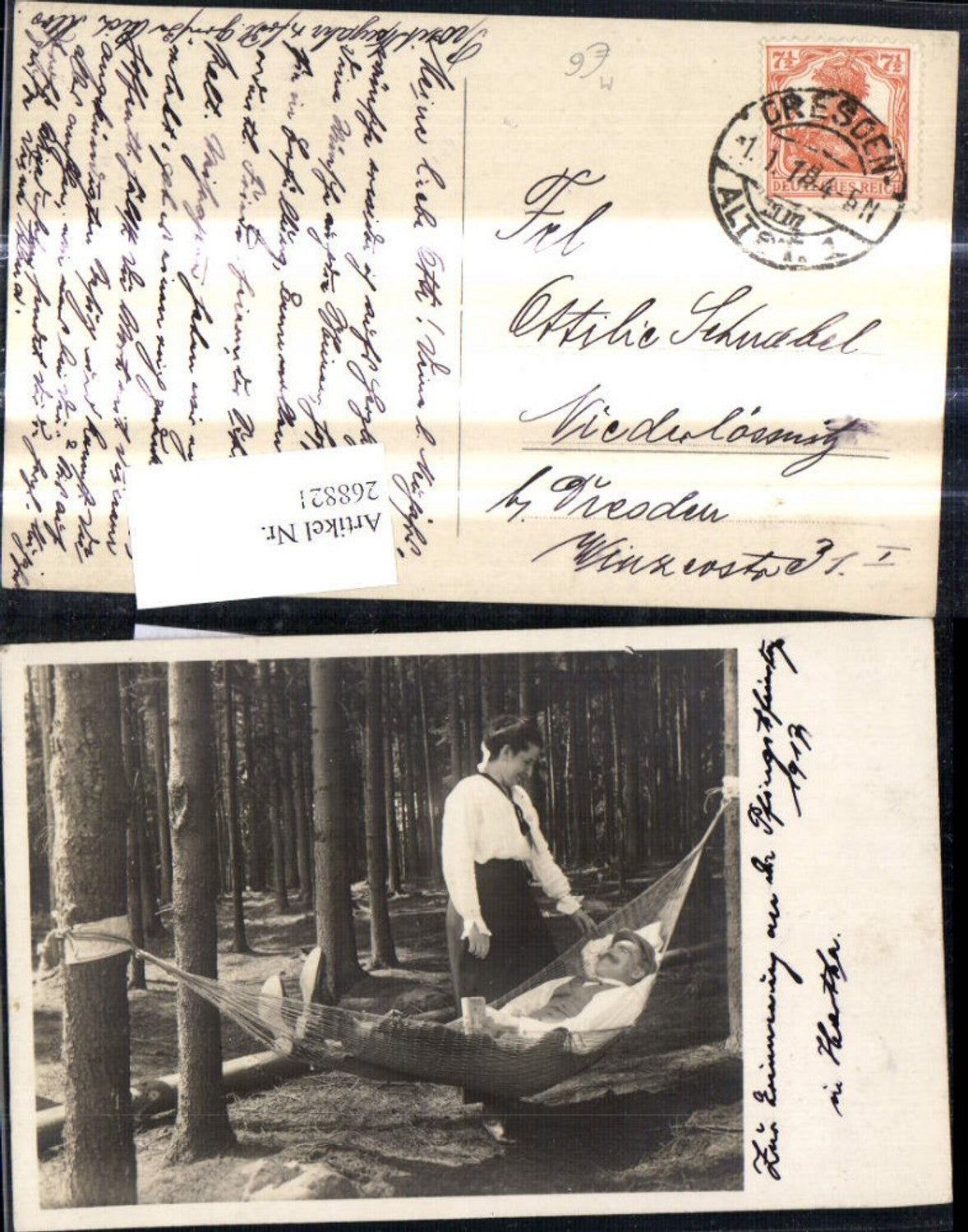 268821,Foto Ak Frau b. Mann i. Hängematte stehend Wald Bäume