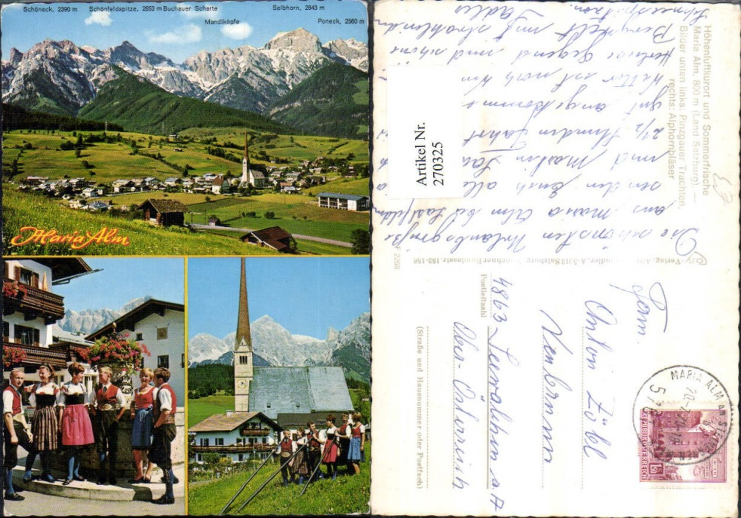 270325,Maria Alm Totale Bergkulise Kirche Pinzgauer Trachten Alphörner Mehrbildkarte